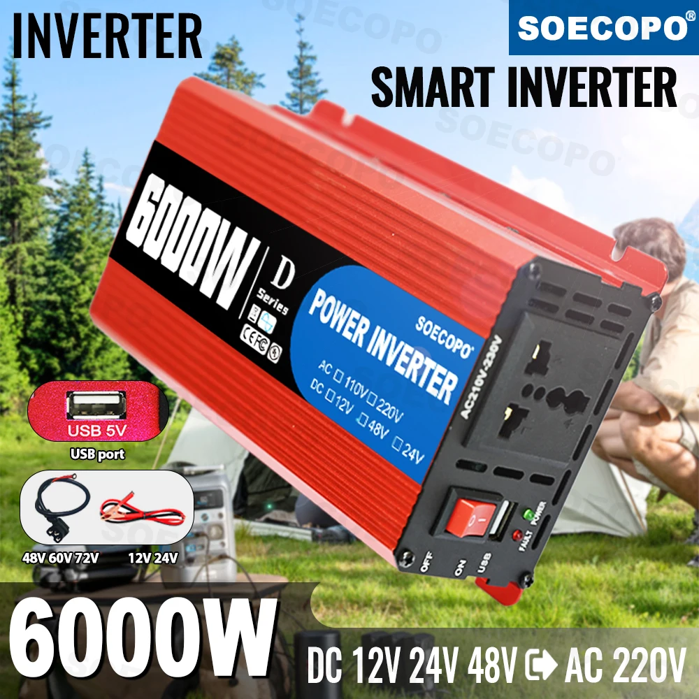 SOECOPO 6000W Power Inverter: 12V to 220V Converter, Car Power Adapter (12V/24V/48V Input) for Camping & Auto Accessories