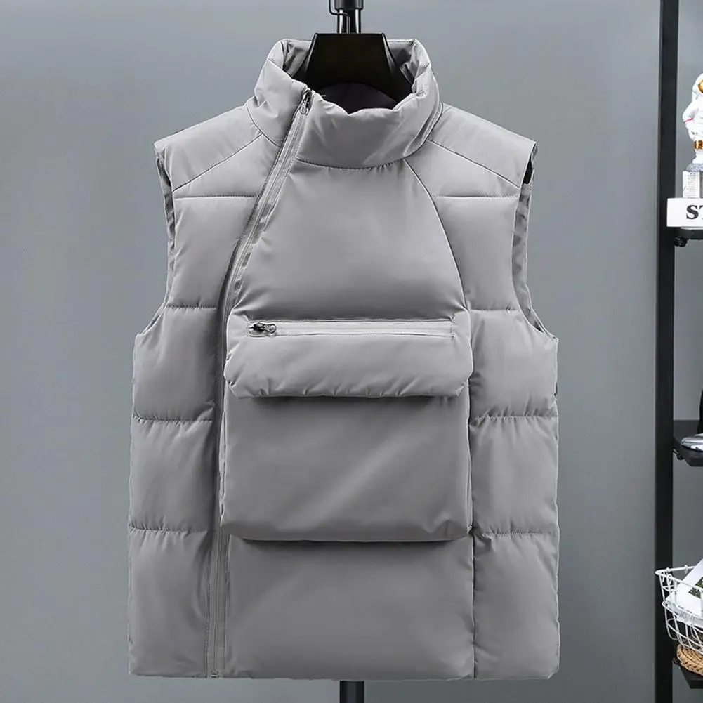 Women Casual Waistcoat Men's Stand Collar Sleeveless Down Waistcoat with Oblique Zipper Closure Front Pockets Solid for Winter