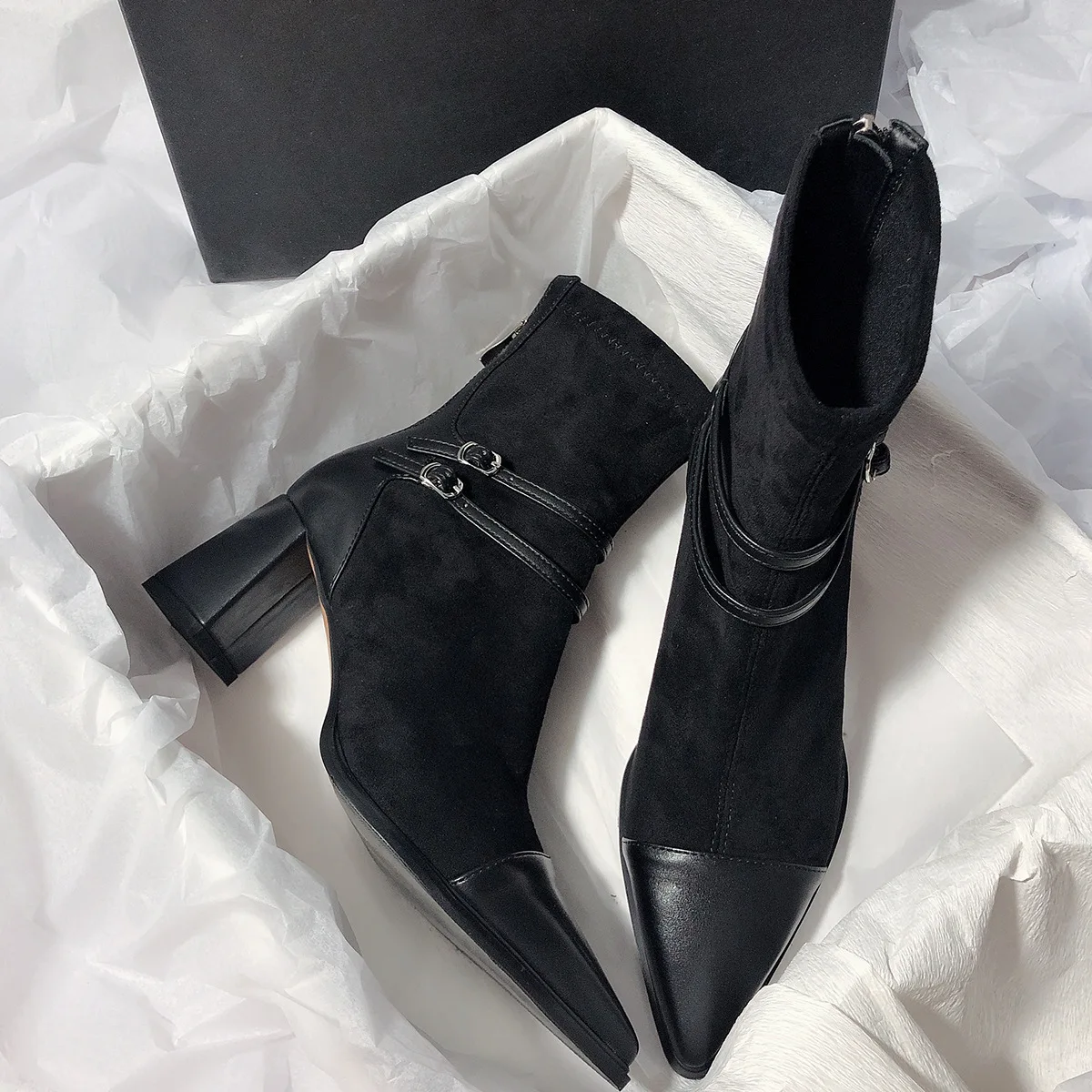 Women's Boots 2025 Spring and Autumn Thick Heel Pointed Splicing Elastic Skinny Boots Large Short Tube Middle Heel Women's Boots