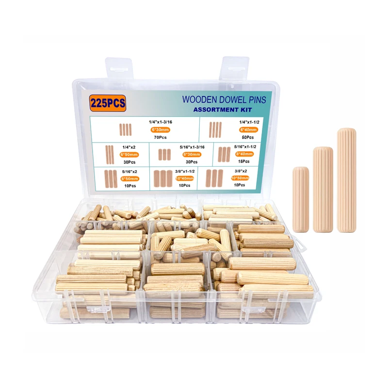 225 Pcs Wooden Dowels Assorted M6 M8 M10 Wood Dowels Plugs Round Hardwood Dowling Rods Grooved Plugs Dowel Rods DIY Crafting