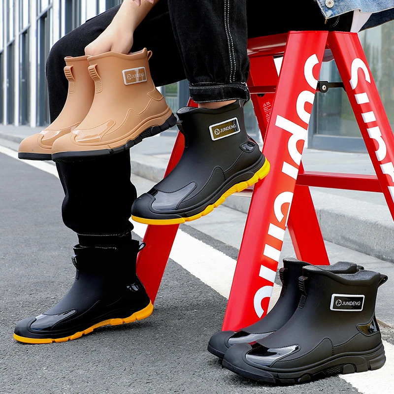 Rain shoes men's fashion short tube anti-skid waterproof shoes, kitchen rubber shoes, car wash construction site wear-resistant