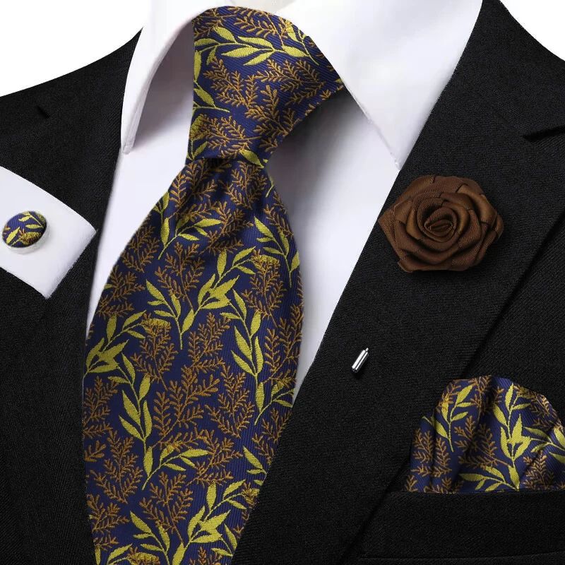 Men's Flower And Plant Pattern Jacquard Tie Set Pocket Square Flower Brooch Cufflink Accessories Daily Wear Cravat Wedding Gifts