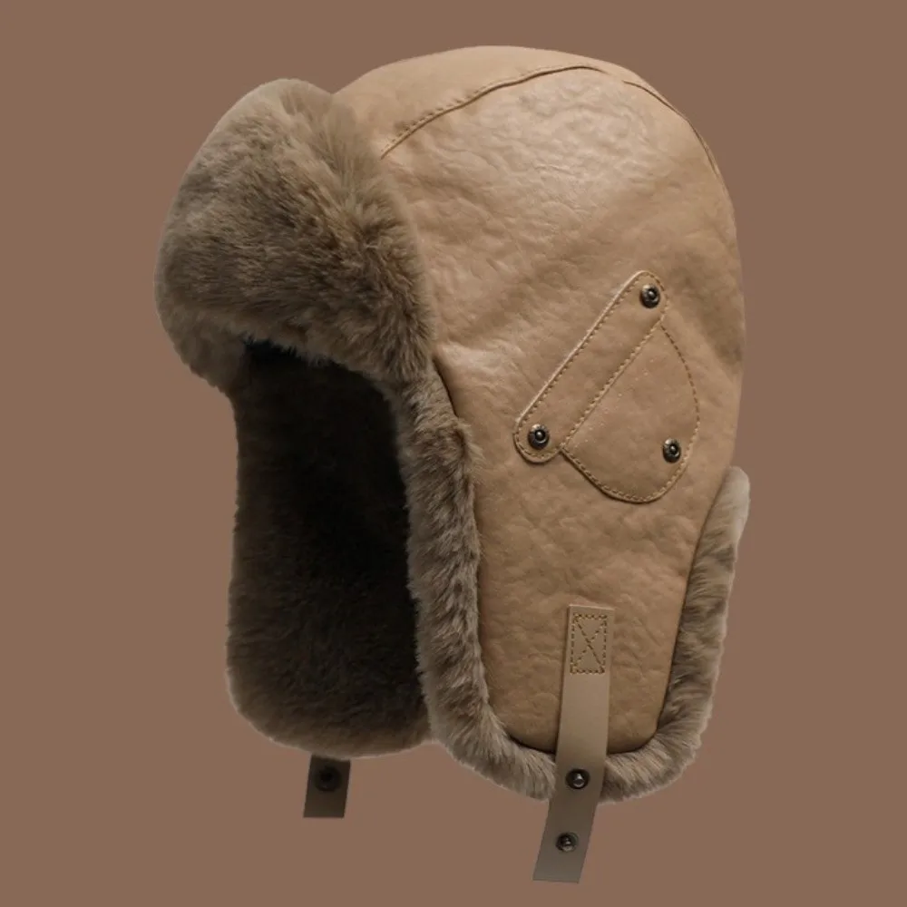 Neutral Vintage Pu Leather Pilot Hat Plush Side Rivets Winter Ski Cap Thicked Warm Ear Protection Hat Mountaineering 2