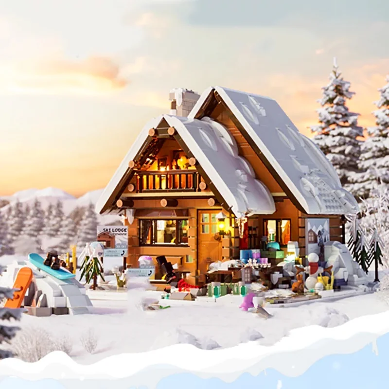 Snow Hut Christmas Ski chalets House Buildings Sets,City With LED Model Modular Buildings Blocks Gift for Adults  Kids 2187 PCS