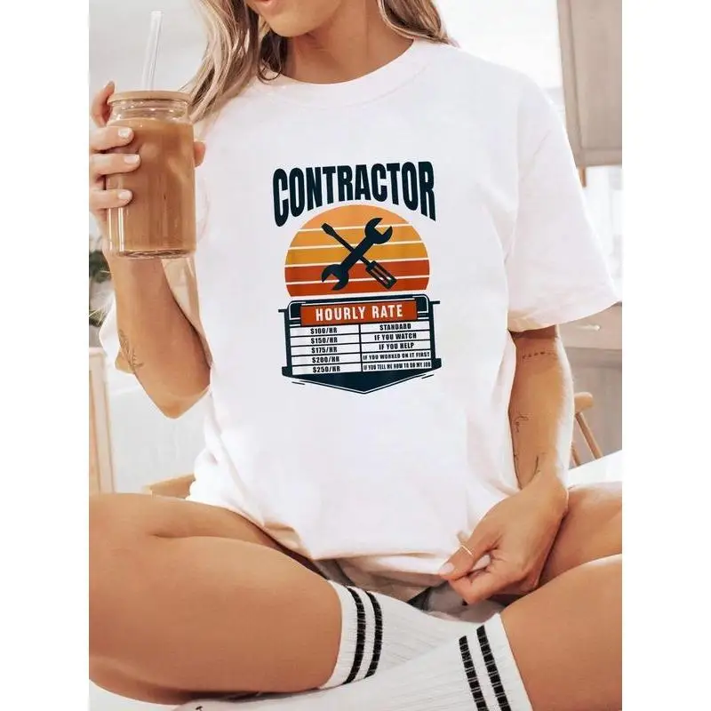 

Funny Contractor T-Shirt Men Women Hourly Rate Graphic Tee Retro Tradesman Workman Dad Gift Humor Cotton Top