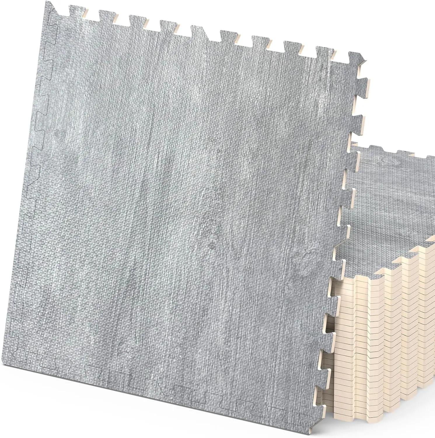 

100 Sq. Ft 3/8 Inch Thick Printed Foam Tiles Interlocking Foam Mat, 24"" X 24"", 25 Pcs, Grey Wood Grain Style Print