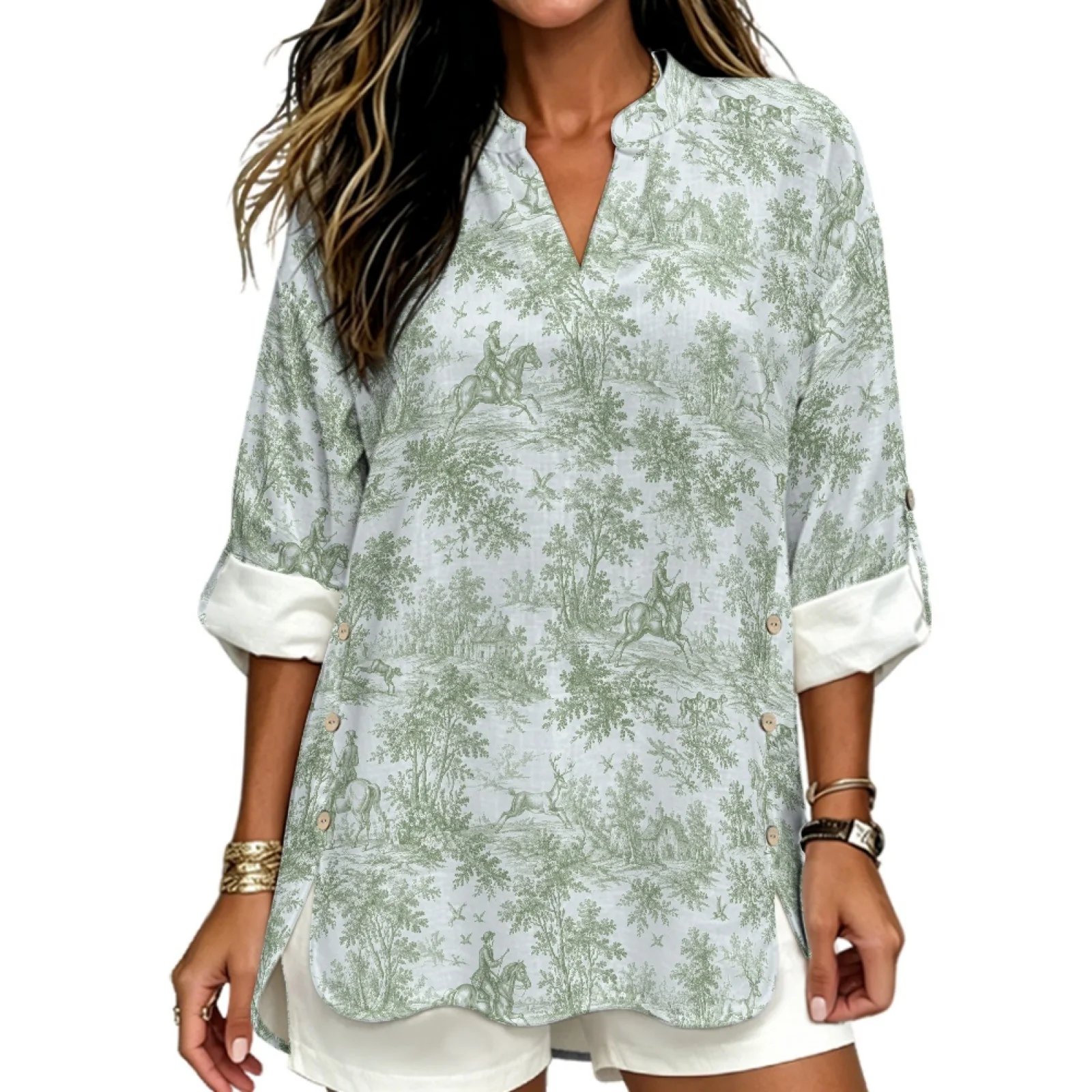PENSTROLL Green Toile De Jouy Linen Like V Neck Loose Fit Tunic Top Long Sleeve Tops for Women Oversized Dressy Casual Blouses