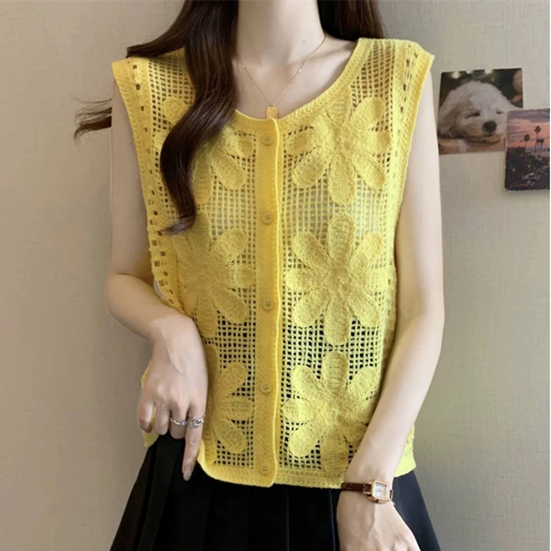 

Cardigan Sleeveless Button Front Openwork Knitted Vest Waistcoat Summer Bohemian Breezy Holiday Outfit