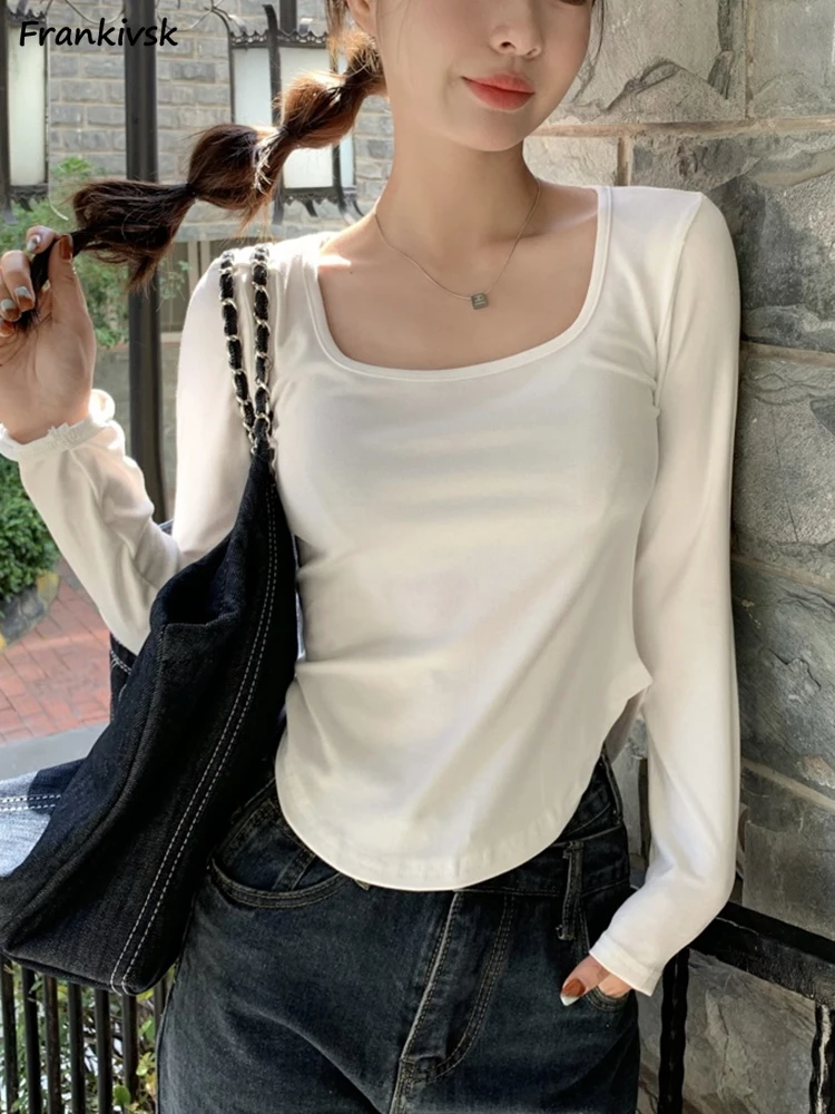 Square Collar T- Shirts Women S-5XL Summer Long Sleeve Pure Simple Outer Tender Girlish Daily Korean Style Graceful Temperament