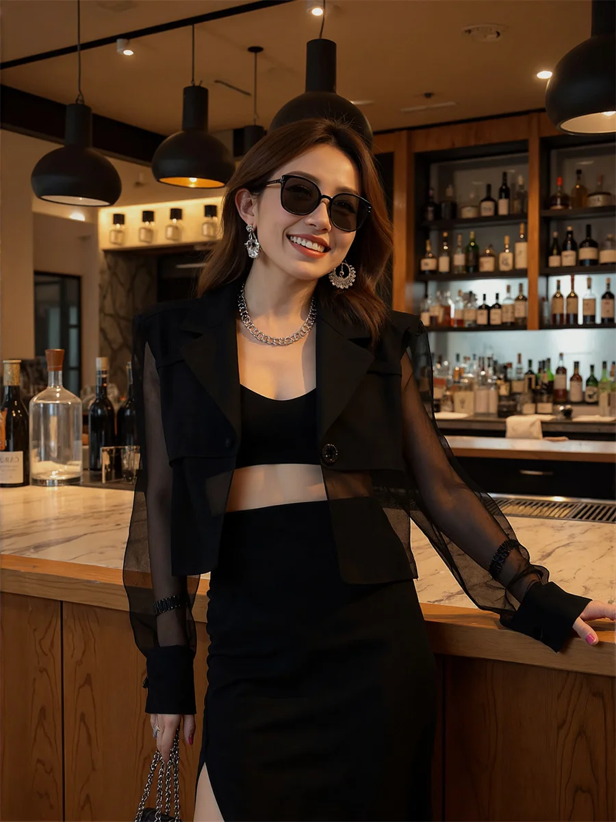 

Sun-proof Cropped See-through Back-Slit Blazers Elegant Woman Clothes For Women Sunscreen Badge Western Fine Slash Snap-Button