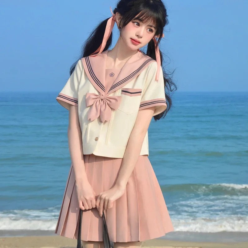 2024 Japanese JK Uniform Sailor Collar Preppy Style Beige Pink Color Matching Short Sleeves Top Pleated Skirt Bow Suit For Girls