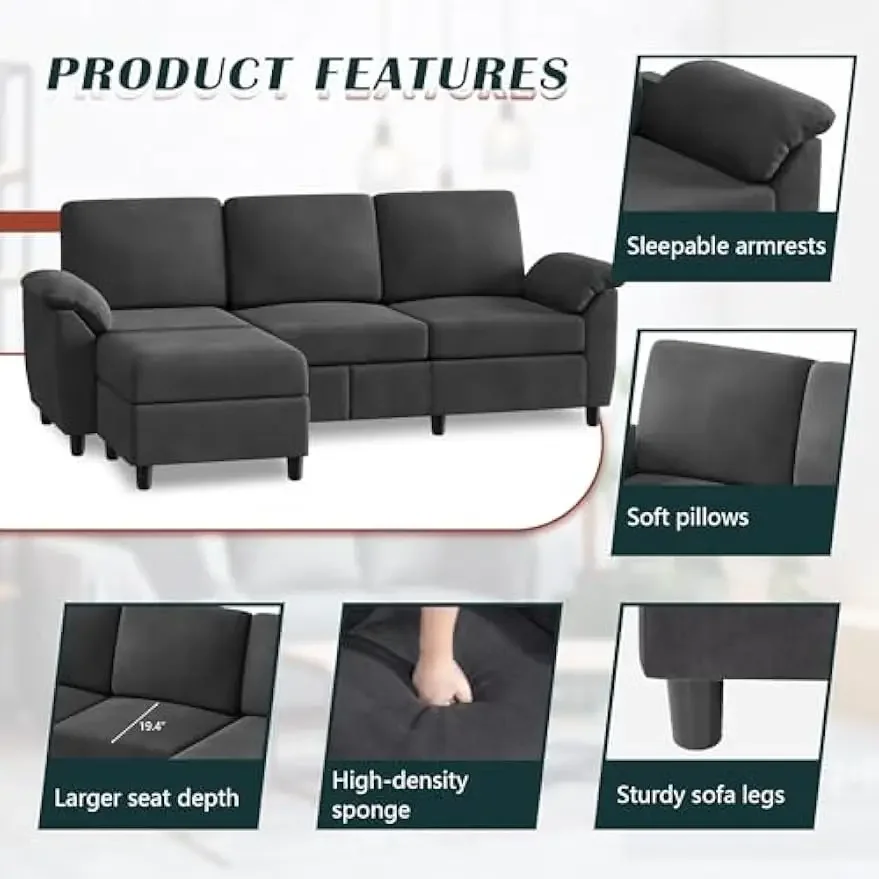 Sofá seccional convertible de 79", sofá en forma de L de 3 asientos con almohadas extraíbles, sofá pequeño de tela de lino de mediados de siglo