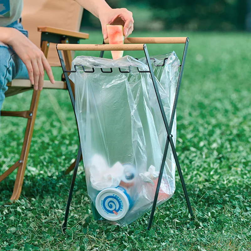 Iron Garbage Rack Portable Folding Trash Rack With Metal Support Wooden Handle Outdoor Picnic Barbecue Garbage Bag Rack