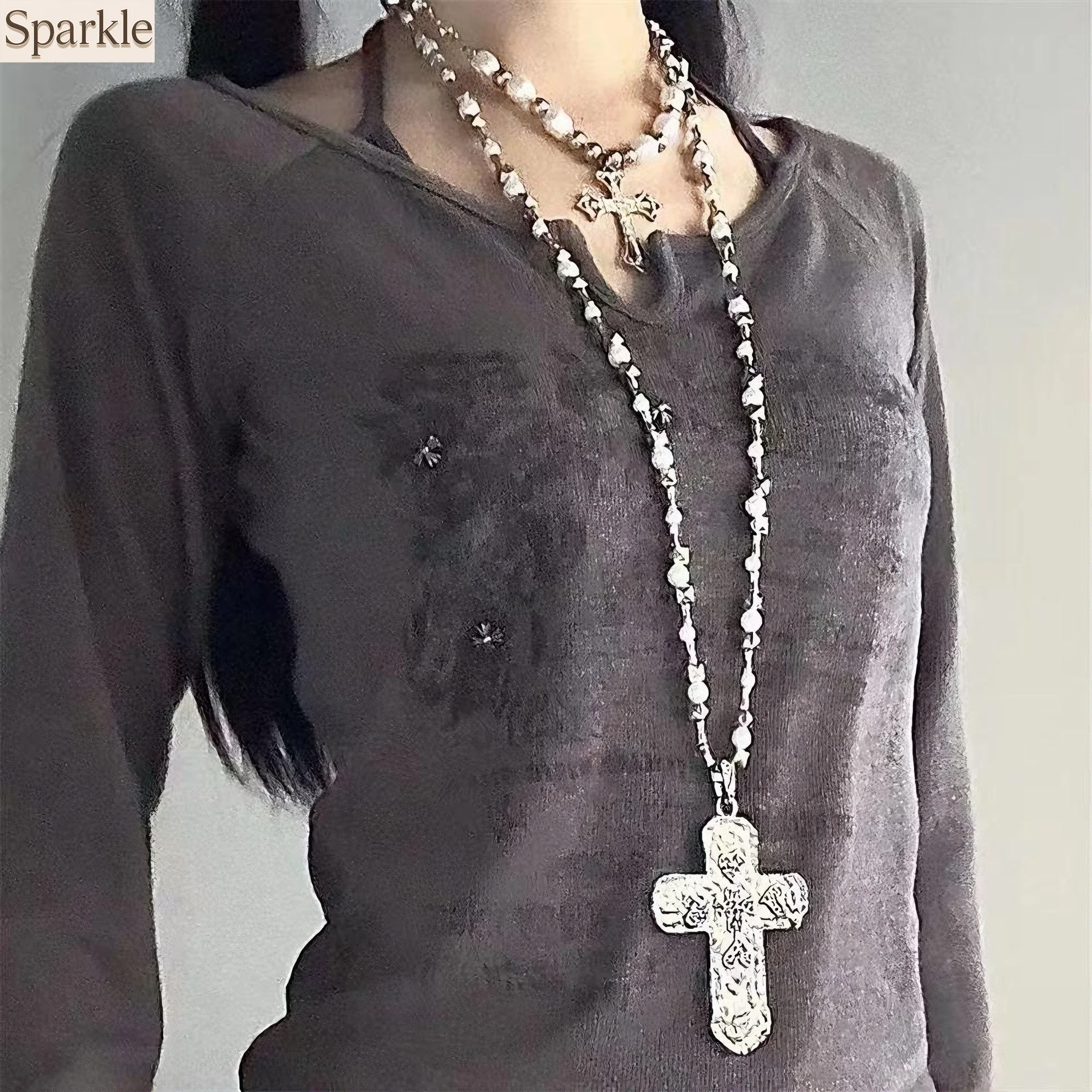 

Y2K Large Cross Long Chain Pendant Necklace for Women Street Style Accessory Pearl Sweater Chain Vintage Punk Fashion Jewelry
