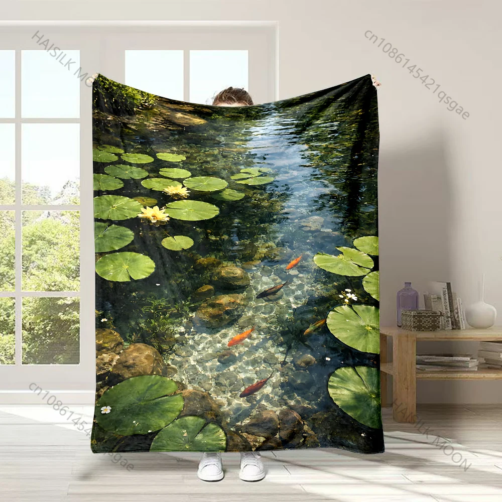 1PC Clear Pond Lily Pads Koi Fish Print Adult Children Warm Blankets Home Travel Car Soft Comfortable Suitable for All Seasons