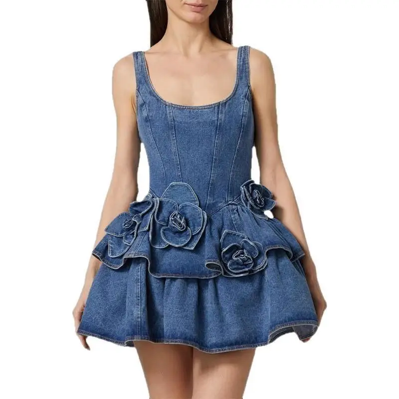 Verão 2025 Feminino Floral Dupla Camada Slim A-Line Denim ter Saia Or Dr CleanFit Cintura Alta Sem Marca Tee-acetato...