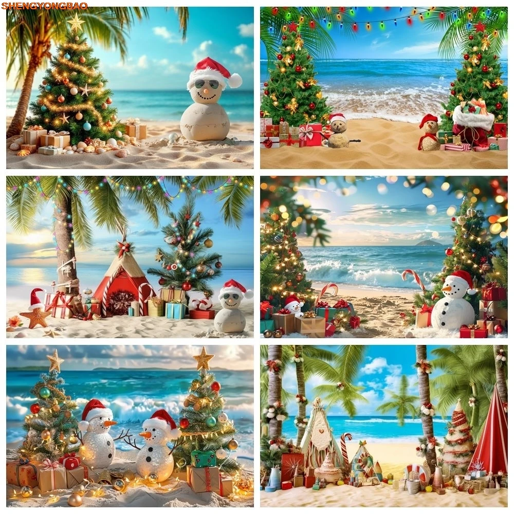 الصيف عيد الميلاد خلفية شاطئ البحر شجرة جوز الهند ثلج شجرة عيد الميلاد هدايا الطفل الاطفال صورة خلفية التصوير الفوتوغرافي