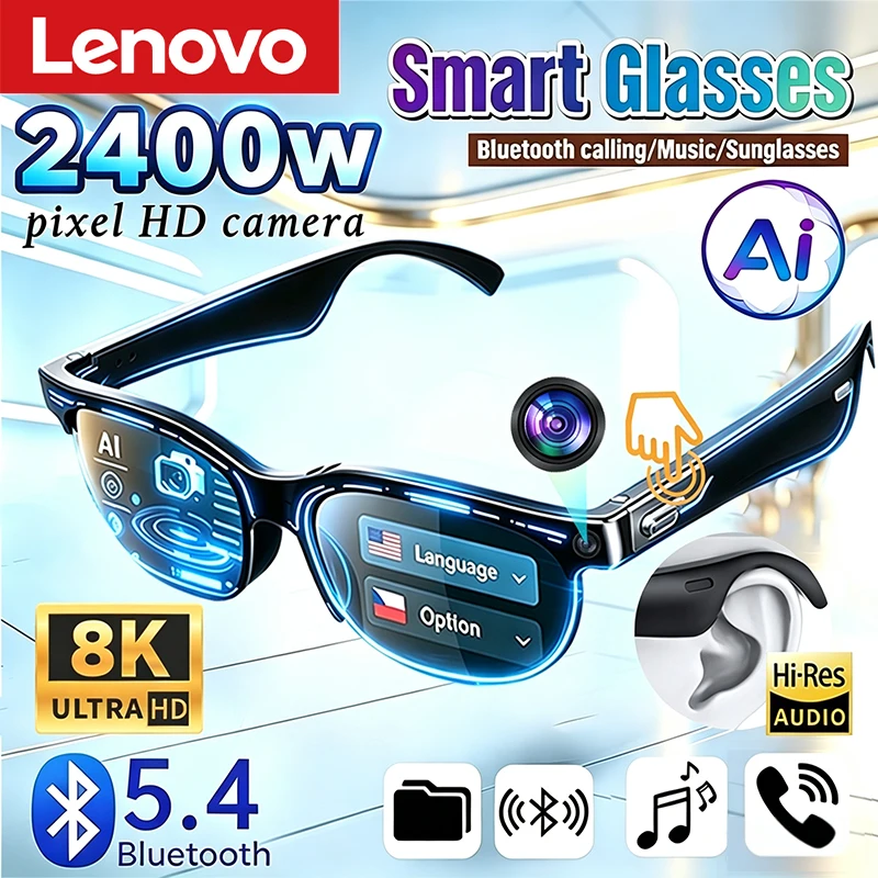 Lenovo 8K HD Smart Glasses AI Translation Bluetooth Conversation Recording Listening To Music Smart Sunglasses for Men Women