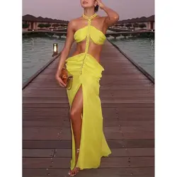 Robe longue jaune dos nu à col licou pour femmes, robe de soirée, robe de vacances, robe éducative, robe élégante à fente haute, robes sexy pour les occasions formelles, 2024