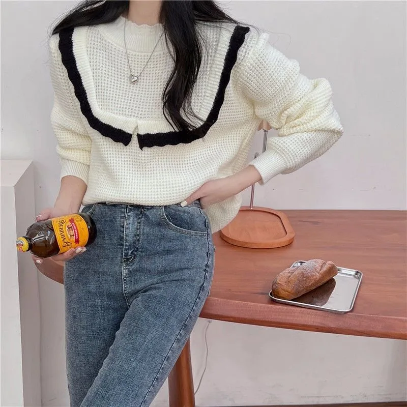 O-neck Pullovers Women Leisure Panelled Design Knitting Long-sleeves Loose Ruffle Simple Sweet Tops Girls Spliced Korean-style