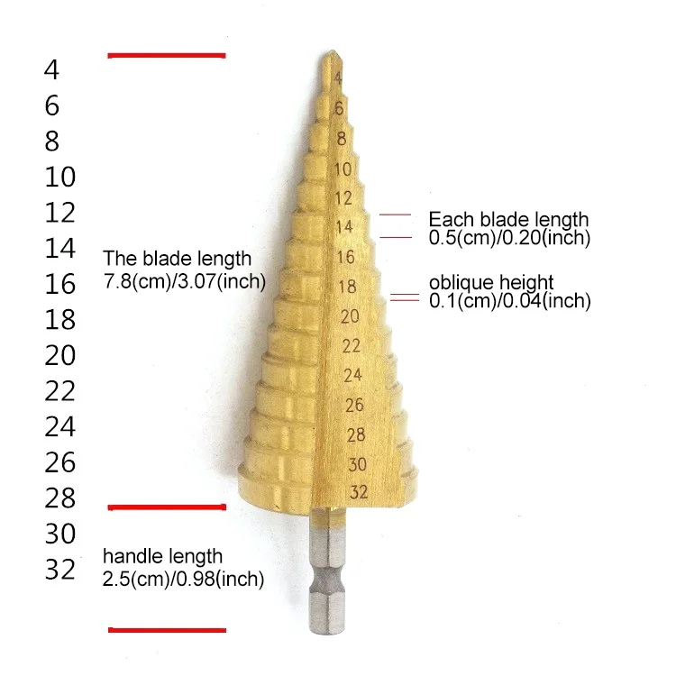 Broca de Passo Revestida de Titânio HSS, Ferramentas Elétricas de Perfuração, Metal, Alta Velocidade, Aço, Cortador de Madeira, Cone Drill, 4-12mm, 20mm, 32mm