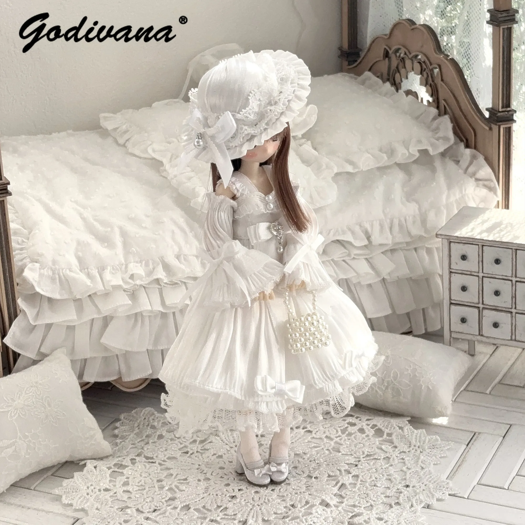 Original Azone 1/6 OB22 OB24 BJD Doll Clothes White Off‑Shoulder Lolita Dress Lace Ruffle Flare Long Sleeve Outfit with Lace Hat