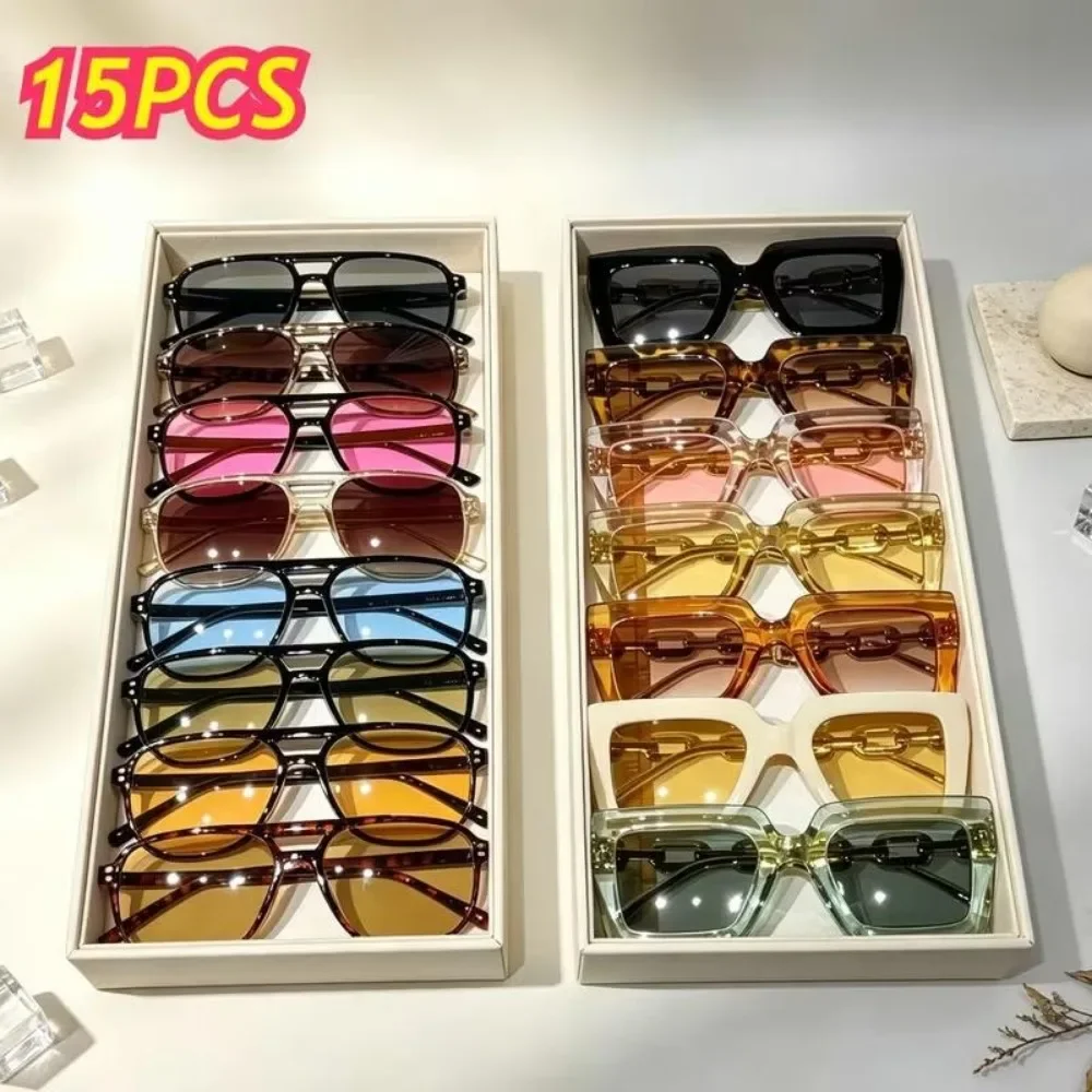 15 Men's and Women's Sunglasses Set, Retro Thick Square Gradual Change Lens Sunglasses and Double Beam of Light Color Transparent Frame Sunglasses, Holiday Beach Party Glasses, Christmas Halloween Gift Recommendation