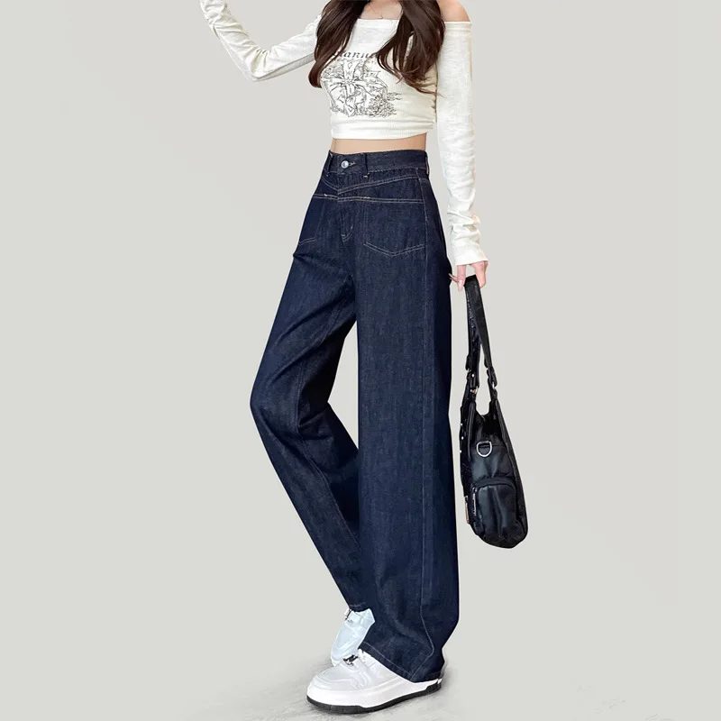 Donkere wassing jeans met hoge taille en wijde pijpen voor dames, losse pasvorm, wijde denimbroek, casual streetwear broek