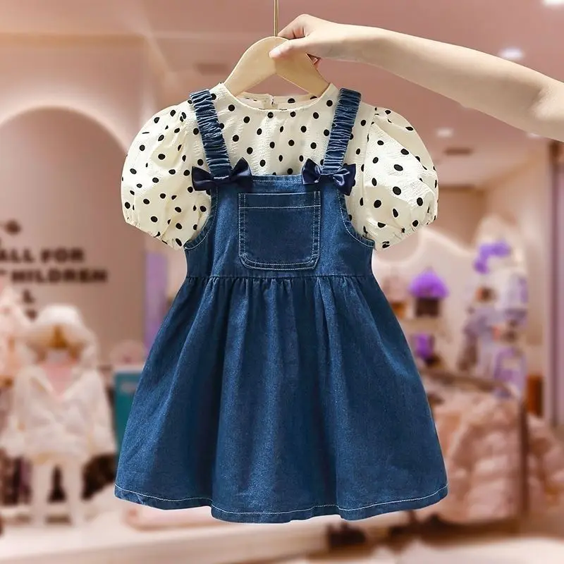 

Girls' summer dress new style children's clothing denim suspender dress stylish outfit princess dress two-piece set thin