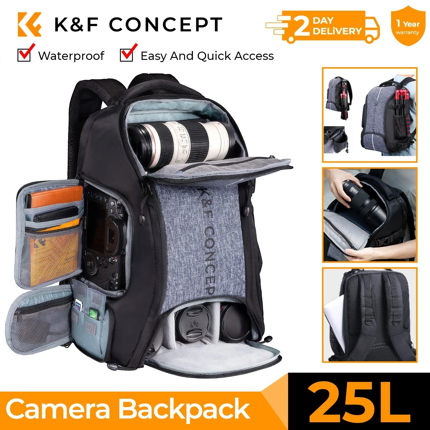 K&F Fogalom 25L camer Hátiszák shockproof camer Olvasottság számára DSLR/SLR camer esetben vel Háromlábú szíj majd Esik az eső fedezze számára 15