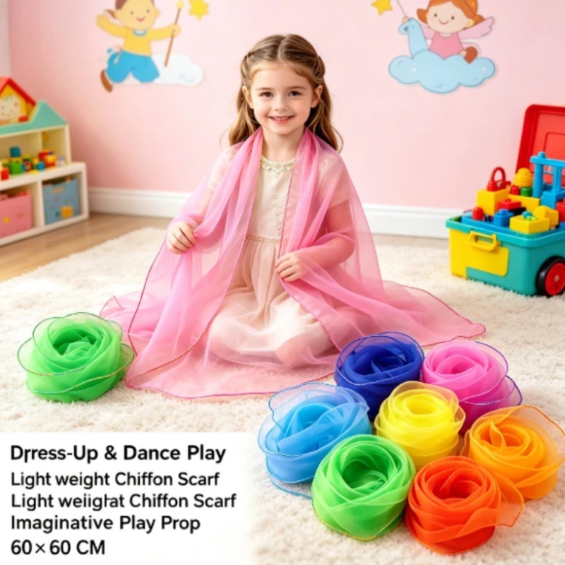 60cm Square Chiffon Scarf for Kids, Nylon Small Yarn Handkerchief, Kindergarten Game Hand Towel, Children Dance Performance Prop