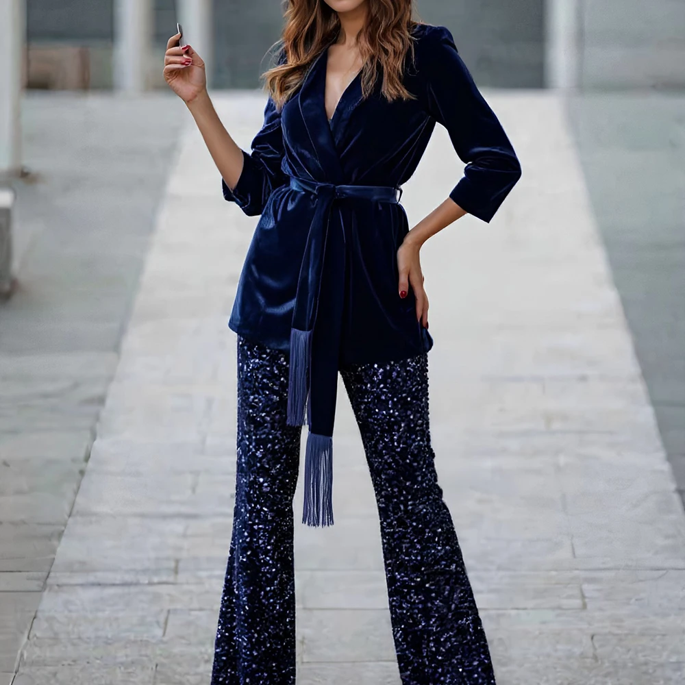 معطف نسائي ذهبي مخملي بشرابة كاجوال فضفاض مناسب للخريف والشتاء وطية صدر السترة برباط للحفلات ملابس خارجية على الطراز الأوروبي الأمريكي #5