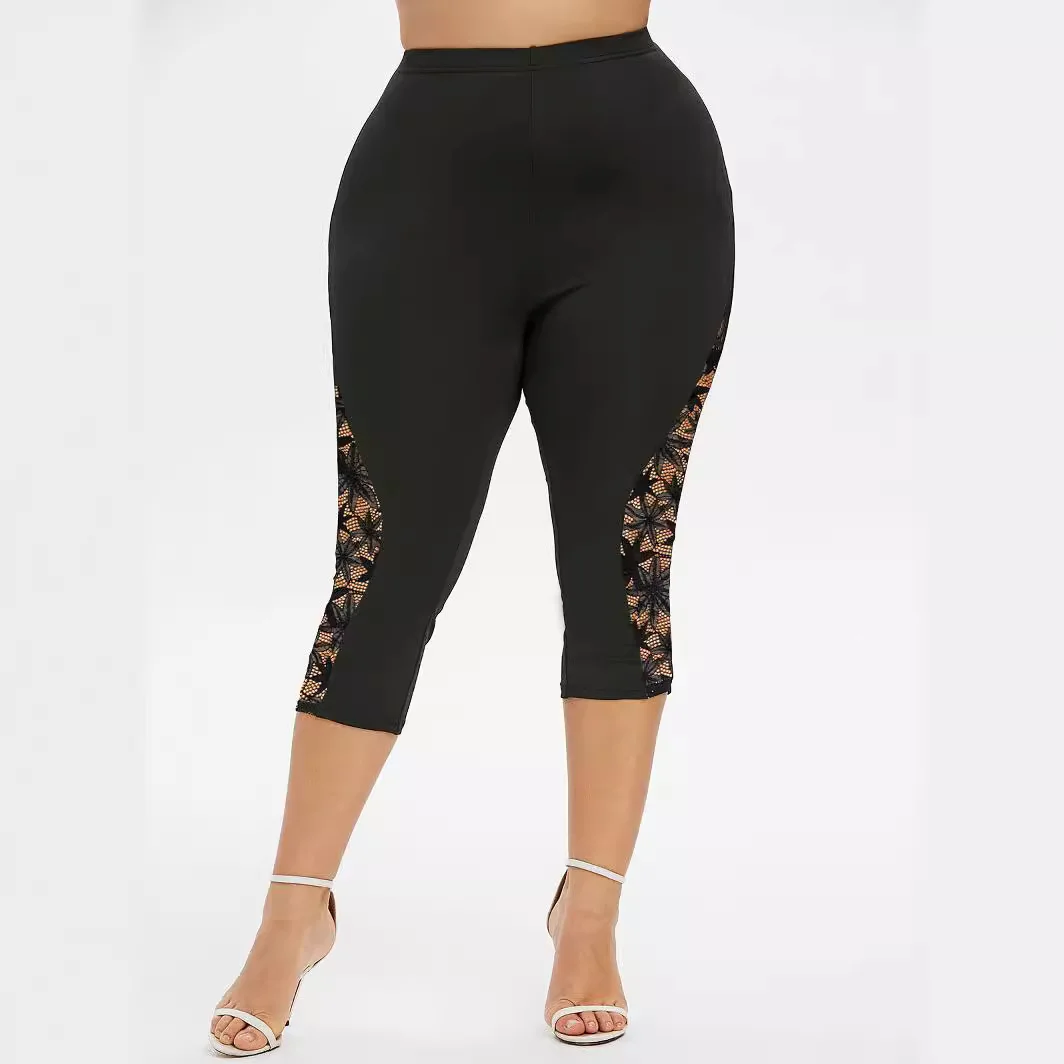 Leggings Femininas Plus Size de Primavera e Verão, Ajuste Slim, Cintura Alta, Calças Elásticas com Detalhes em Renda para Tamanhos Grandes