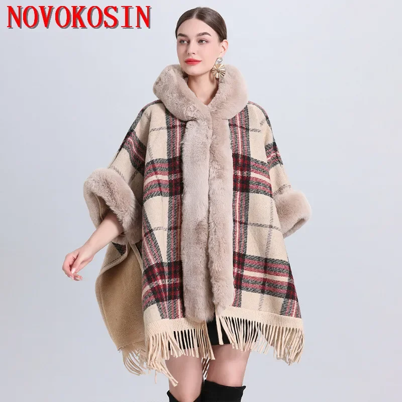 Winter Thicken Warm Velvet Lining Women Plaid Poncho Big Faux Fur Collar Long Tassel Cape Outside Streetwear Coat With Hat