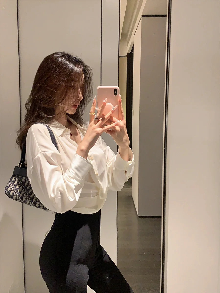 

Белый шелковый атлас V-Ne Long Sve Chiffon irt Женская свободная блузка на шнурке для поездок на работу Sle Полиэфирная ткань Чистый цвет