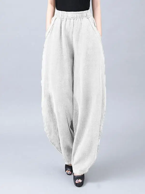 กางเกงลำลองเอวยางยืดทรงหลวมสไตล์เรโทรใหม่ปี 2025 สำหรับผู้หญิง เอวสูง ทรงตรง ขากว้าง ขายาว ใส่ได้หลายโอกาส