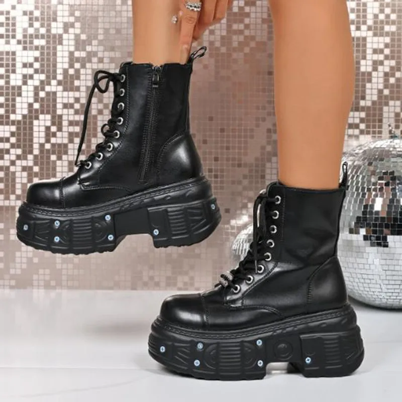 2026 New Goth Punk Women Platform Ankle Boots Female Rock Round Toe Lace Up Fashion Retro Chunky Shoes Metal Decor Short Booties view 5