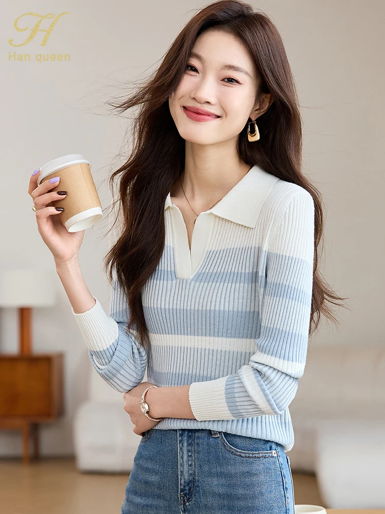 H Han Queen Autumn Winner Striped Pullover Korean Style Women's Clothing Vintage Casual Stretch Knitted Sweaters Long Sleeve Top