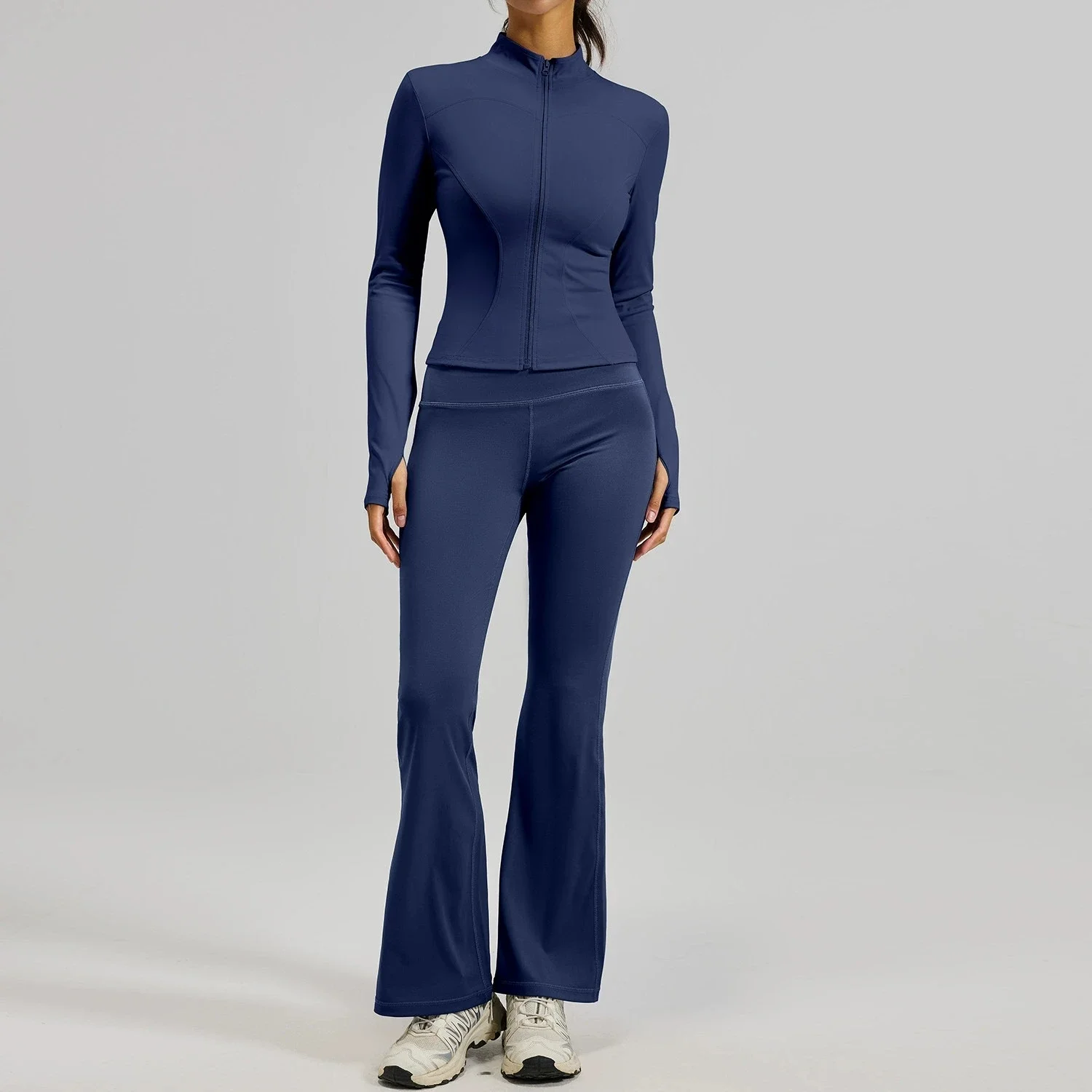 

Women Jacket Yoga Sets Elastic Tight Zipper Sports Tops Flare Pants 2Pieces Gym Suits High Waist Fitness Leggings Suit Tracksuit