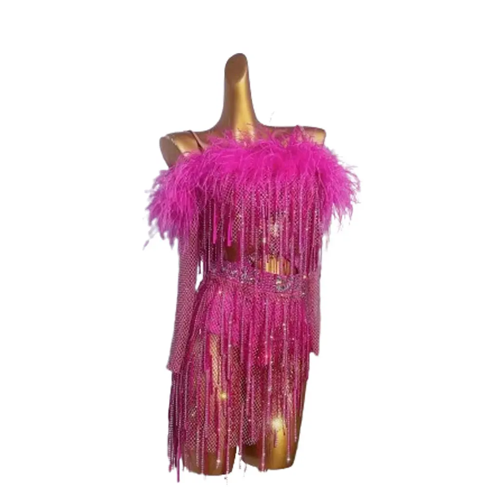 Latin Dance dress High-end Custom Pink Fluff Mesh Cloak Sling Dance Skirt Rumba Adult Stage Professional Clothing