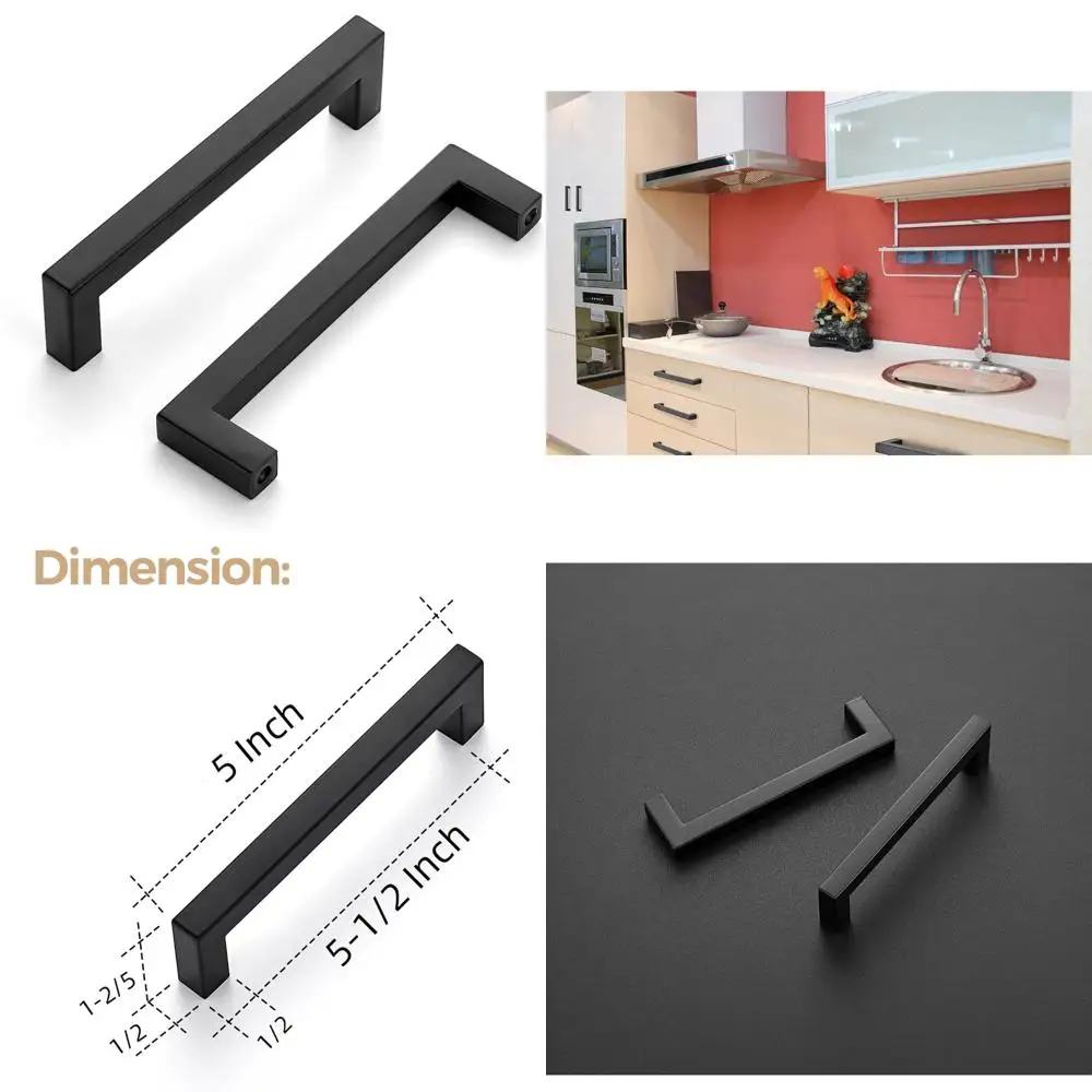 มือจับตู้สี่เหลี่ยมสีดำด้าน สแตนเลส สำหรับตู้ครัว ลิ้นชัก ดีไซน์ทันสมัย