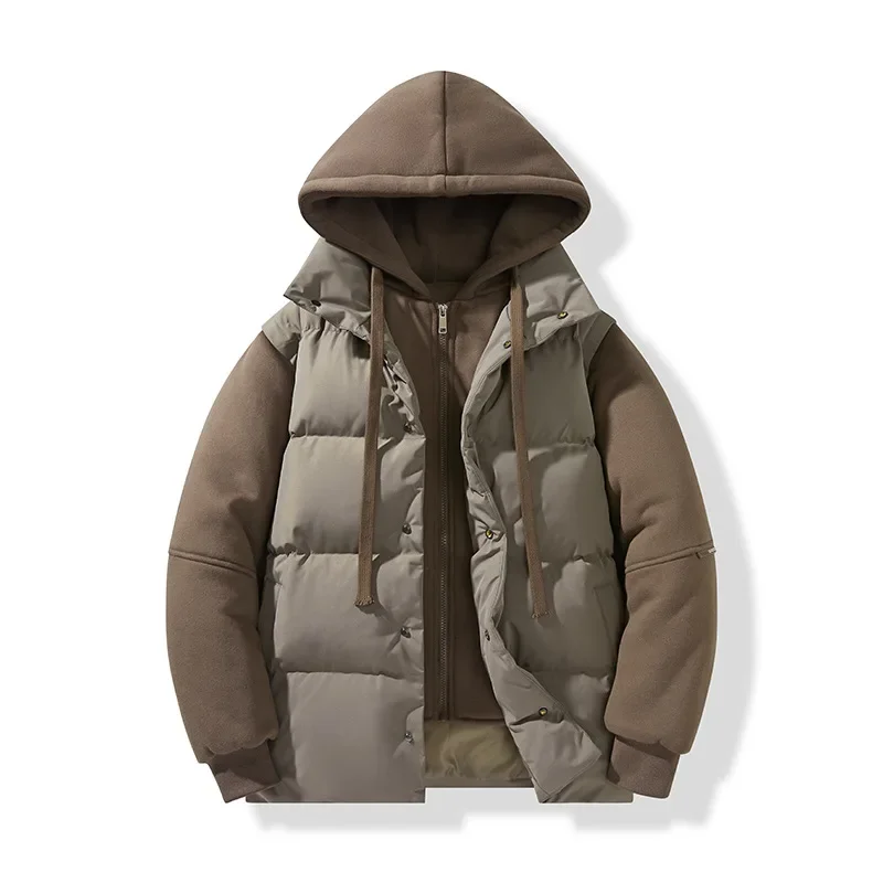 Winter Men Jacket New Thicken Warm Patchwork Hooded Male Outerwear Long Sleeve Zipper Loose Casual Man Fake Two-piece Down Coat