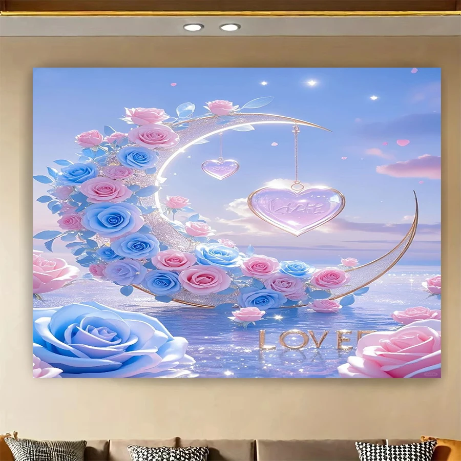 1PC Digital Print Tapestry Wall Hanging, Blue Moon Heart Shaped Rose Flowers Art, Romantic Gothic Floral Night Wall Decor