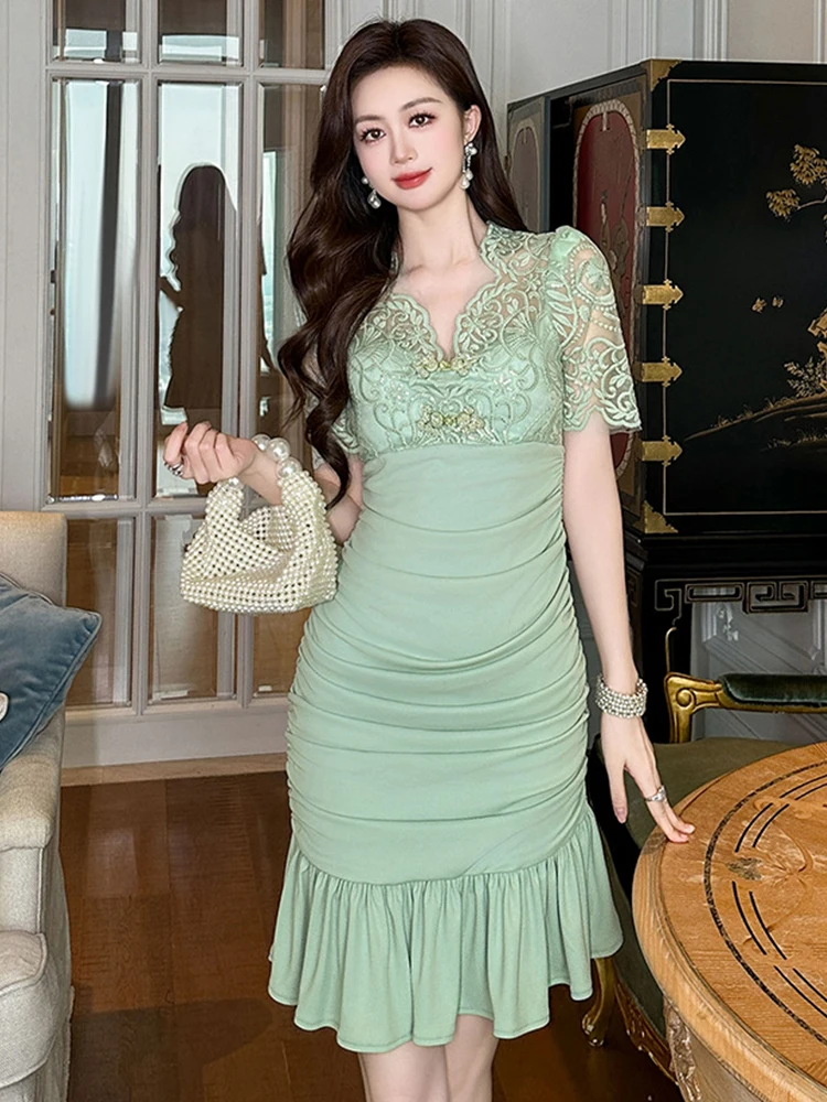 Robe de soirée en dentelle transparente pour femmes, vêtements doux et Chic, Sexy, moulante, queue de poisson, robe de bal, Club