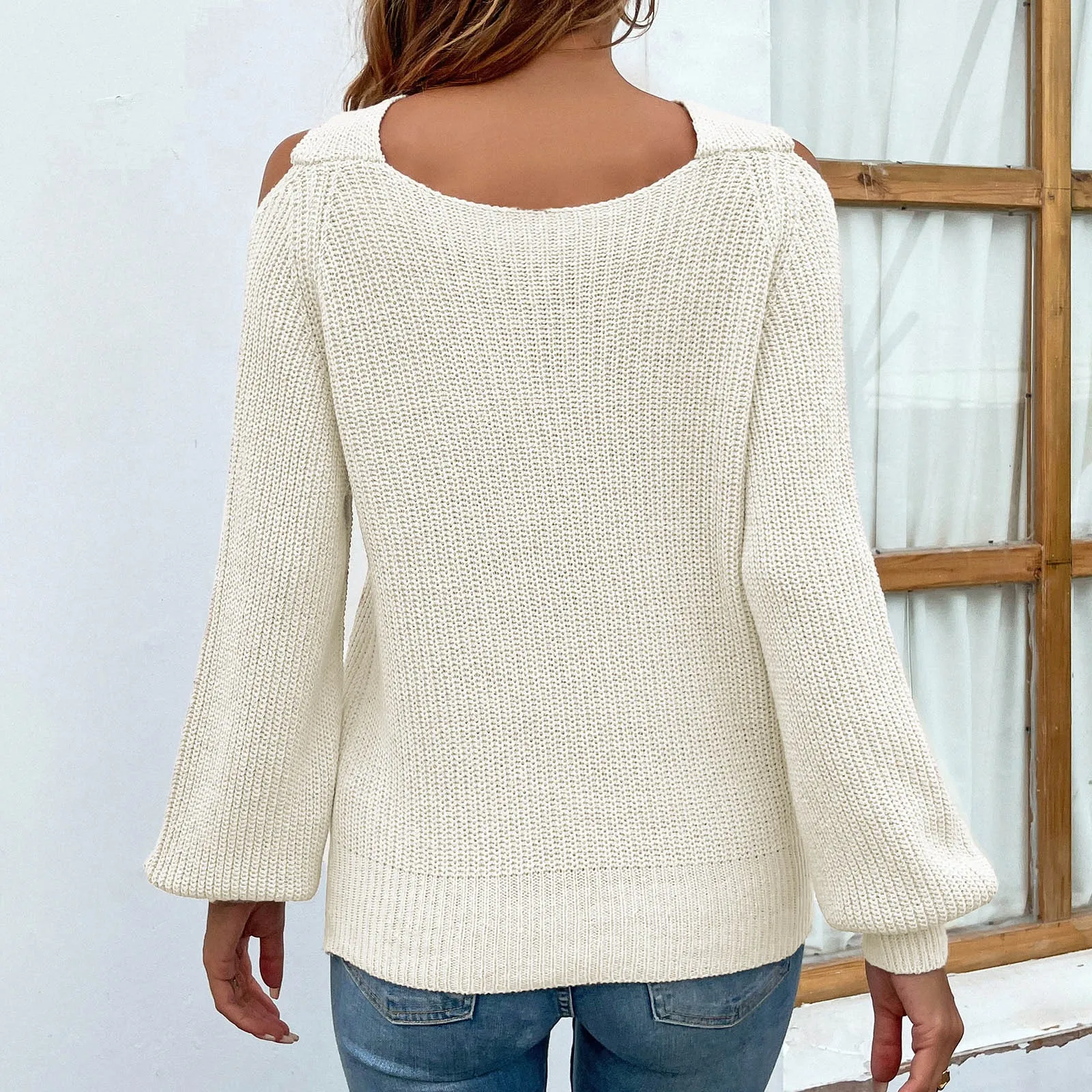 Damesmode Effen Kleur Gebreide Trui Met Gekruiste Hals En Off-The-Shoulder Lantaarnmouwen All-In-One Trendy Comfortabele Trui