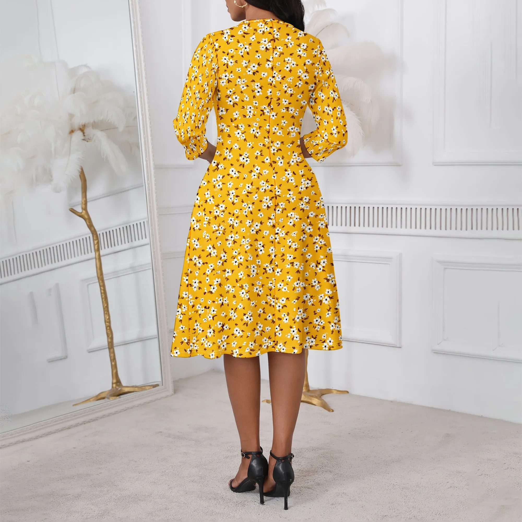 Ladies' Casual Floral Dress, A-line and Flared Skirt, 3/4 Sleeve Cocktail Party Church Dress