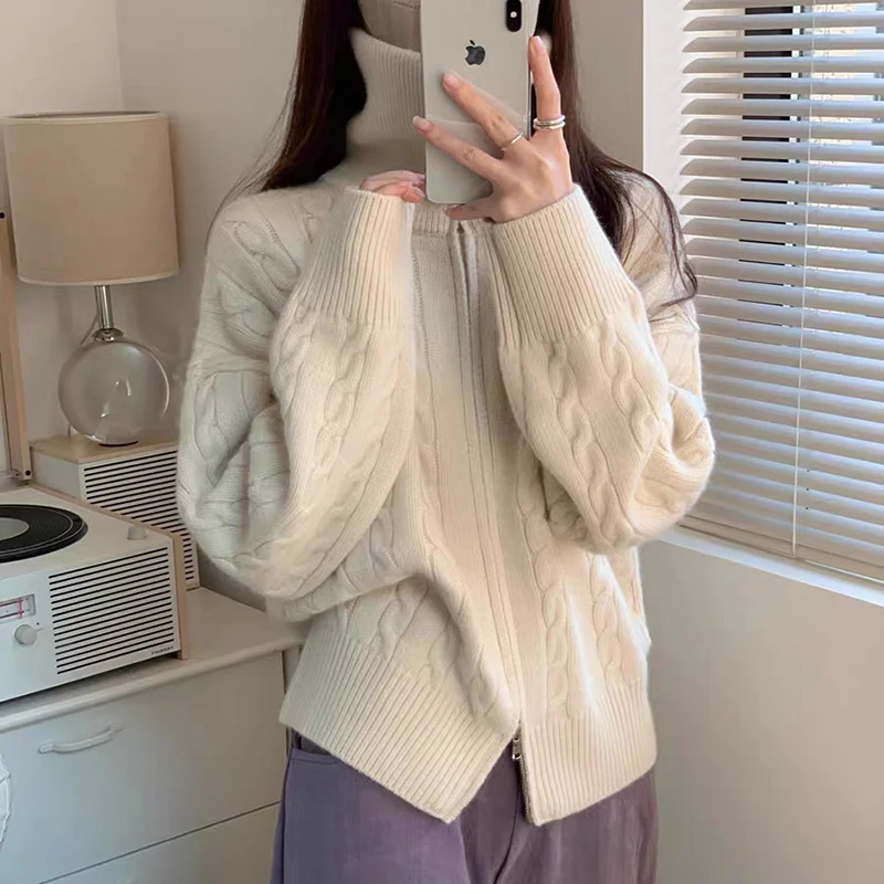 2024 Autumn/Winter New High Collar Cashmere Knitted Cardigan Women\'s Wool Sweater Cardigan Loose Korean Fashion Jacket