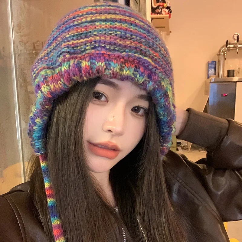 Winter Gradient Rainbow Knitted Hat for Keeping Warm Student Baotou Hat for Cold Protection Straightened Knitted Hat