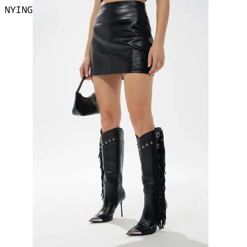 

2025 New Sexy Pointed Toe Knee High Boots Women Pole Dance Stiletto Heels Pumps Fashion Tassel Zip Rivet Winter Long Shoes 44