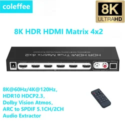 8K HDMI-compatible 2.1 Matrix Switcher 4 In 2 Out ARC to SPDIF 2CH Audio Extractor 4K@120Hz ALLM VRR Dolby Vision Atmos HDR 10+
